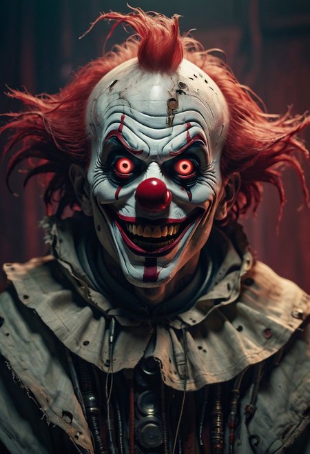a vintage photo depicting a mechanical hybrid seer cyborg giant costumed AS Horror Freak Clown emerging from a tattered linen cloak, adorned with numerous eyes, infront a dystopian, neon dark backdrop, distorted shapes,
 very detailed, atmospheric haze, Film grain, cinematic film still, shallow depth of field, highly detailed, high budget, cinemascope, moody, epic, OverallDetail, gorgeous, 2000s vintage RAW photo, photorealistic, candid camera, color graded cinematic, eye catchlights, atmospheric lighting, skin pores, imperfections, natural, shallow dofintricate, elegant, fantasy art, portrait, dark, retro, ecstatic, plain, powerful, realistic, profoundly red dark color