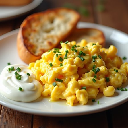 A photorealistic image of a perfect plate of buttery scrambled eggs, cooked to a rich, creamy texture with a golden-yellow hue. The eggs are sprinkled with finely chopped wild chives, adding a fresh green contrast. Next to the eggs is a dollop of smooth, white sour cream on the side, complementing the dish. A piece of perfectly toasted ciabatta bread with a crispy golden-brown crust and a soft interior sits beside the eggs. The eggs are slightly glistening with butter, giving off a little bit of steam, indicating they’re fresh and hot. The lighting should be warm and inviting, highlighting the texture and making the food look incredibly appetizing. The overall image should be of extreme quality, designed to make anyone who sees it feel hungry