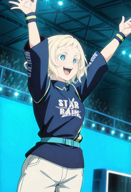 best quality, amazing quality, perfect quality, high quality, masterpiece, absolutely eye-catching BREAK
<lora:Shangri-La_Frontier_-_Sylvia_Goldberg:1> blue eyes, blonde hair, short hair, short bangs BREAK
blue print shirt, three-quarter sleeves, blue striped wristbands, aqua belt, white pants BREAK
indoors, stadium, arms up, waving, smile, open mouth, smile, dutch angle, cowboy shot