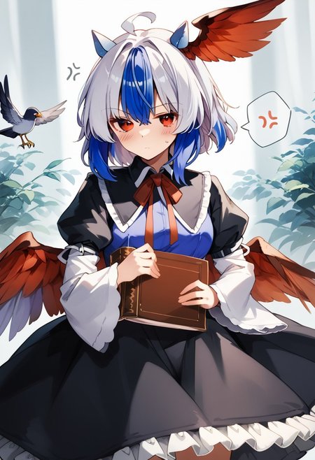 score_9, score_8_up, score_7_up, source_anime, TOKIKO (TOUHOU), TOKIKO REGULAR WEAR, 1girl, solo, looking at viewer, blush, short hair, bangs, skirt, simple background, red eyes, long sleeves, white background, dress, ribbon, holding, hair between eyes, closed mouth, blue hair, standing, purple hair, ahoge, white hair, multicolored hair, cowboy shot, frills, wings, horns, puffy sleeves, wide sleeves, black skirt, black dress, two-tone hair, red ribbon, book, neck ribbon, capelet, head wings, anger vein, feathered wings, cropped legs, holding book, petticoat, bird wings, red wings, spoken anger vein, tokiko \(touhou\)