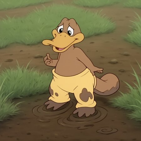 score_9, score_8_up, score_7_up, score_6_up, score_5_up, score_4_up, source_furry, Flapbbv2, semi-anthro, male, Platypus, brown fur, duck-billed, webbed feet, yellow pants, outside, covered in mud