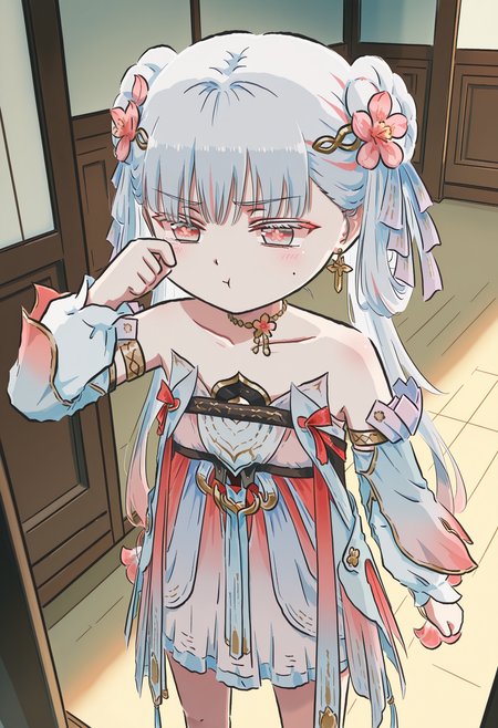 masterpiece,best quality,high resolution,source_anime,highly detailed illustration,
seductive, detailed eyes, very aesthetic,absurdres,newest, amazing quality,
detailed eyes, absurdres,newest, amazing quality,
<lora:shiXinzoroV1ill:1.0>, shixinzoruo,  chibi,
1girl, solo, <lora:xl-ill-jinhsi_TYZZ(wuthering waves)v1:1>, 1girl, jinhsi:TaoYaoZhuoZhuo\(wuthering waves\),red eyes,peach blossom pupils,mole,mole under eye,flower,peach blossom,hair bun,double bun,hair ornament,hair flower,hair ribbon,ribbon,jewelry,grey hair,long hair,earrings,wiping tears, collarbone,bare shoulders,armlet,dress,detached sleeves, ,legs apart, blush, , pout, indoors,