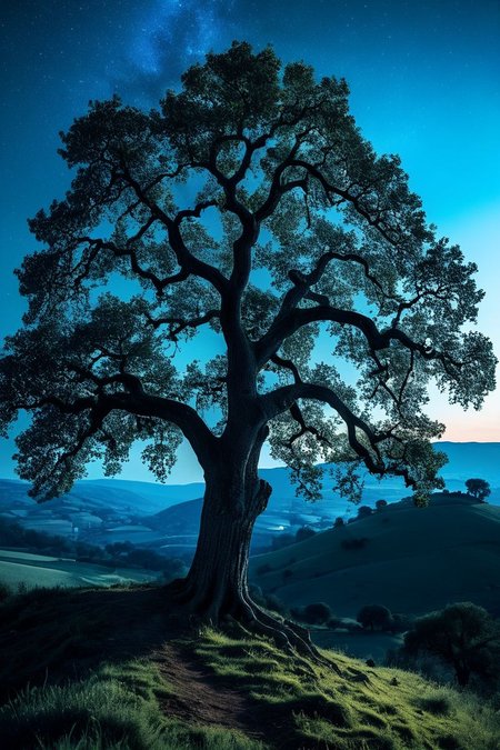 (((a peaceful hilltop with a single, ancient oak tree overlooking the valley below.))), Electric Blues, Nightlife Energy: dynamic lighting, blue tones, sharp focus, energetic ambiance, nightlife elements, bold textures, vibrant look, lively atmosphere, electric aesthetics, capturing excitement, dynamic scenes, artistic feel, storytelling through colors, professional technique, striking visuals, nightlife concept, bold styling, lively environment, surreal aesthetics, captivating narratives, intricate details, nightlife landscape, editorial storytelling, vibrant glows, evoking energy, pushing creative vision <lora:add-detail-xl:2> <lora:Cosine_freck:1>