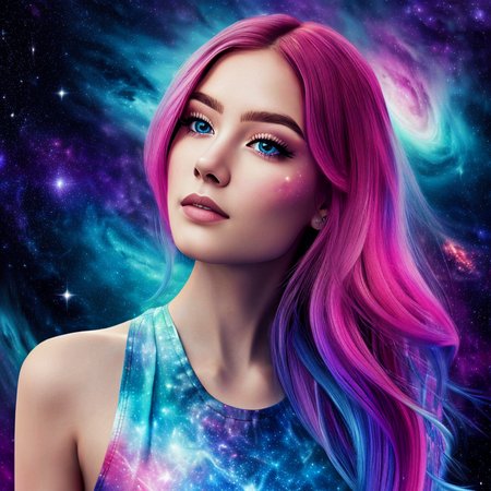 photorealistic,  medium view,  young woman, galaxyma  <lora:GalaxyMakeup:0.6>, intricate accurate details, space background, nebulae , 8K, highest quality