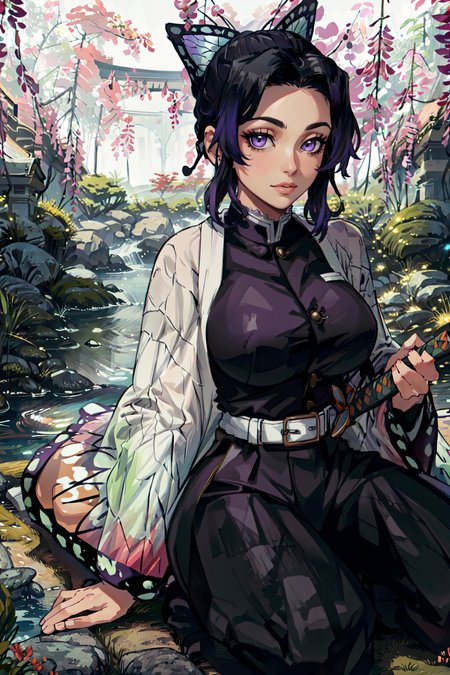 (masterpiece, best quality, ultra detailed, absurdres)1.5, 1girl, (sexy, beautiful woman, perfect face, perfect eyes, perfect female body, huge breasts)1.5, (kochou_shinobu, SH1N0BU, demon slayer uniform, solo, butterfly hair ornament, black hair, purple hair, japanese clothes, haori, multicolored hair, katana on the ground, <lora:[P]-Shinobu:1>), (kneeling, in a Japanese garden, wisteria trees), perfect lighting, smooth, hdr
