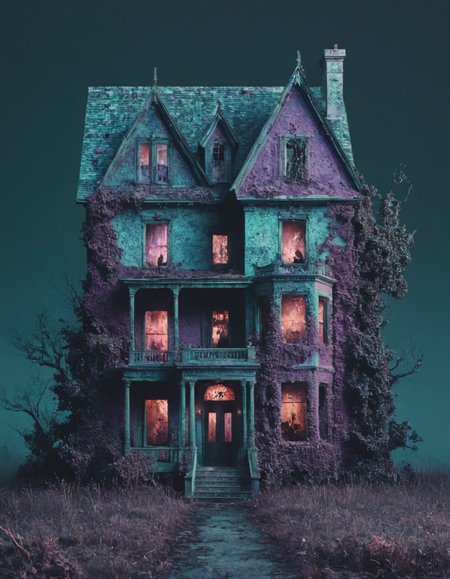 novuschroma style haunted house <lora:104_novuschroma_1:1>