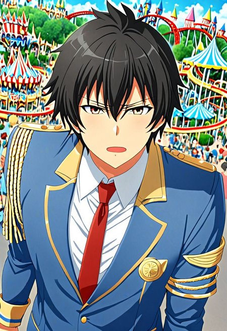 high resolution, solo, best quality, 1Boy, Seiya Kanie, black hair, short hair, Manager, Wihite Shirt, Blue Jacket, theme park, gold aiguillettes, red tie, OverallDetail