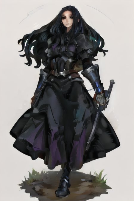 [inpainted faces] <lora:DragonsCrown-768:1>, woman standing, black hair, long hair,  (solo), (facing viewer)  in armored, long loose dress, simple background,
