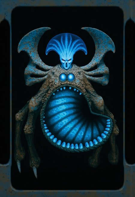 b3rs3rk first person d4concept pov, 3D01S, simple background d4artstyle atmospheric and powerful MikeFranchinastyle dark fantasy, natural organic and first person pov of a berserk style creature A Tsutomu Nihei style 
 deep-sea eel creature with biomechanical aesthetic, translucent ghostly-blue flesh revealing internal structures. Enormous circular maw filled with concentric rings of crystalline teeth, multiple rows deep. Massive lidless eyes with bioluminescent glow, surrounded by broad fin-like sensory organs resembling gothic architecture. Serpentine body with segmented bone-like plating and ethereal membrane fins undulating along length. Vestigial arms ending in sharp bio-mechanical pincers, legs with six webbed claws emerging from scaled hide. Skin texture transitions between translucent blue membrane and armored plates with muddy brown base and intricate patterns of black and tan speckles. 
UHD letterboxed game trailer frame chromatic aberration dark atmosphere sharp masterpiece with a focus on the character, elden ring style, dark atmosphere, chromatic aberration
