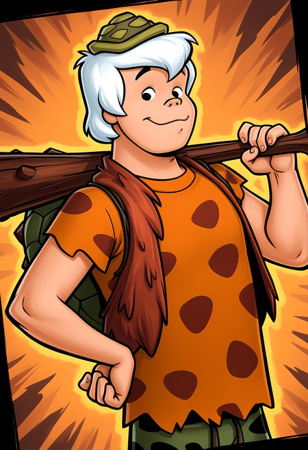 masterpiece, best quality, amazing quality, dutch angle, abstract background, BREAK
solo, male, 1boy, bammbamm, white hair, black eyes, short hair, turtleshell hat, animal print shirt, caveman club, weapon over shoulder, BREAK
<lora:cfg_scale_boost:.6>   <lora:Bamm-Bamm_Rubble:1>
