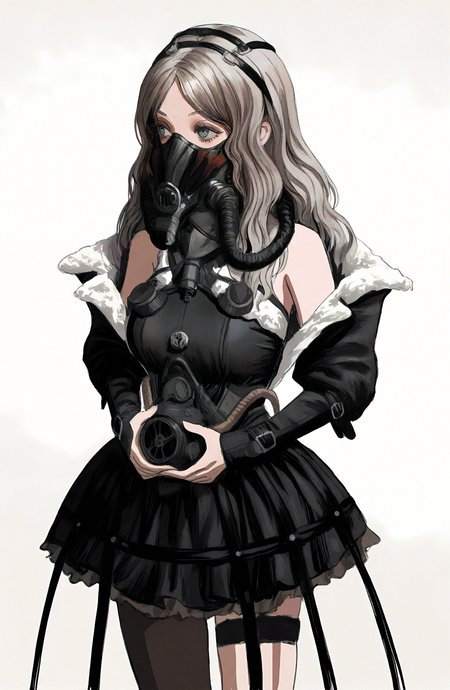 1girl, solo, long_hair, simple_background, skirt, detached_sleeves, mask, gas_mask
