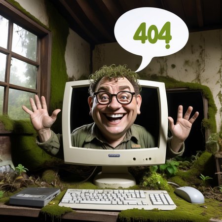 A very old computer on a abandoned room covered in vegetation, dirt  and moss, in realistic caricature style, close up front view (Dennis Nedry smiling, coming out the screen, raising one hand:1.4) (dialogue bubble saying 404:1.8)<lora:epi_noiseoffset2:1.0>