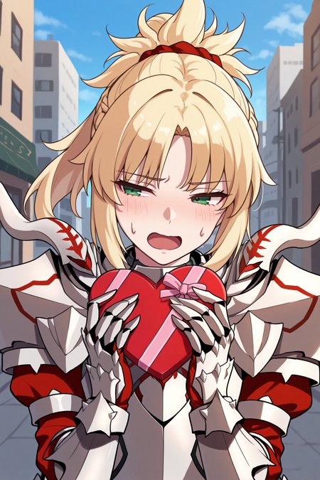 masterpiece, best quality, 1girl, solo  <lora:mordred-illu-nvwls-v1-000006:1> amrMd, blonde hair, green eyes, ponytail, armor, full armor, shoulder armor, gauntlets, armored boots, holding heart-shaped box, nervous, half-closed eyes, avoiding eye contact, flushed, open mouth, sweatdrop, blue sky, city street, pov, upper body