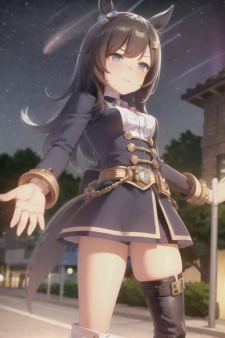 masterpiece,best quality,<lora:UmaMusumePrettyDerby_umms:1>umms,(horse ears, horse girl,:1.2) (horse tail,:1.3) ,full body

road, soft light,detailed lighting,cinematic light,neon lights,street lamp,shop,colorful startrails,

detailed face,1girl,solo,hair bangs,hair clip,happy face,{{super detailed skin}},

{{wear armor}}, thigh boots,combat boots,detailed boot,gems, jewellery,badges,shackles,lots of gems, lots of badges,