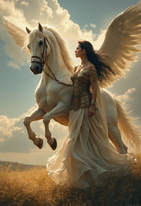 Renaissance style ethereal fantasy concept art of  A fantasy scene in the style of "Boris Vallejo " depicting Minerva the ancient Roman goddess of wisdom and warfare,  powerful yet serene expression, gracefully taming a majestic white Pegasus rearing up beside her. She stands confidently, wearing intricate Roman armor over a flowing white stola dress, her dark hair caught in the wind, The Pegasus with its muscular build and wide-spread wings radiates strength and elegance under a dramatic sky. The setting is an open meadow bathed in golden light, capturing a moment of harmony between goddess and creature, with photorealistic details, rich textures, and a cinematic atmosphere.
<lora:ImageUpgraderV2:0.4> detailmaximizer <lora:FluxMythP0rtr4itStyle:0.3> mythp0rt . magnificent, celestial, ethereal, painterly, epic, majestic, magical, fantasy art, cover art, dreamy . realistic, perspective, light and shadow, religious or mythological themes, highly detailed