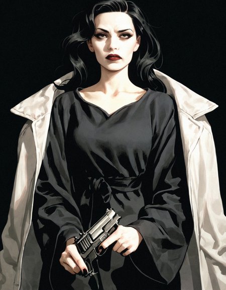 score_9, score_8_up, score_7_up,cms style,1girl,black hair,long hair,black dress,front view,holding gun,black background