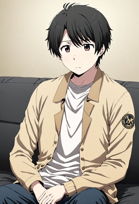 high resolution, solo, best quality, 1Boy, Inaho Kaizuka, Black Hair, deep talk, depression, sit, couch, OverallDetail