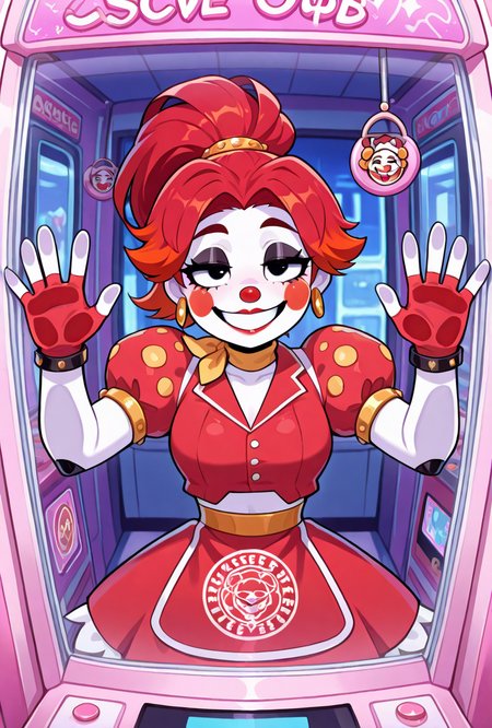 <lora:ilglambab-10:1> glambab, white skin, 1girl, red hair, ponytail, wide smile, earrings, short puffy sleeves, red fingerless gloves, red dress, red lips, midriff, red nose,  ((dynamic pose)),  inside crane machine, inside crane game, crane game, half closed eyes, black eye lids, arcade game, against glass, pressing against glass, plushies background,, score_9, score_8_up, score_7_up, masterpiece, best quality, masterpiece, best quality, amazing quality, very aesthetic, absurdres, newest,