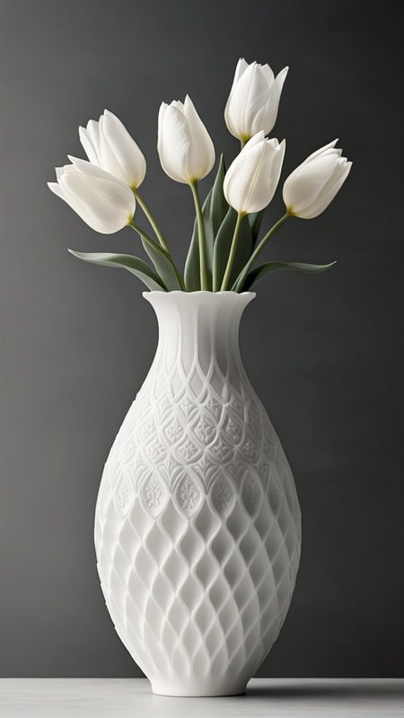 <lora:3DPrintingXL:1>,whitemold,3d printed mold,art style,greyscale,monochrome, 1tulip-shaped vase, solo, delicate curves, smooth porcelain finish, intricate floral pattern, soft edges, light reflecting off the surface, minimalist design