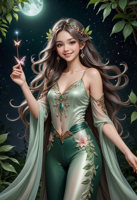 (medium full shot) of (enchanting fairy) young woman, Medium build, silver eyes, thai, light brown skin, dark green long flowing hair with floral accents,  wearing a flowing tunic adorned with leaves,satin pants with delicate embroidery, delicate sandals with fairy dust, translucent butterfly wings, subtle blush with a shimmer,holding a magical wand adorned with gemstones moonstone earrings, set in  astral grove where the planets align in perfect harmony and the air is filled with the hum of cosmic energy , under the moonlight, woman smiling, detailed face, ,Masterpiece,best quality, photo, realistic, very aesthetic