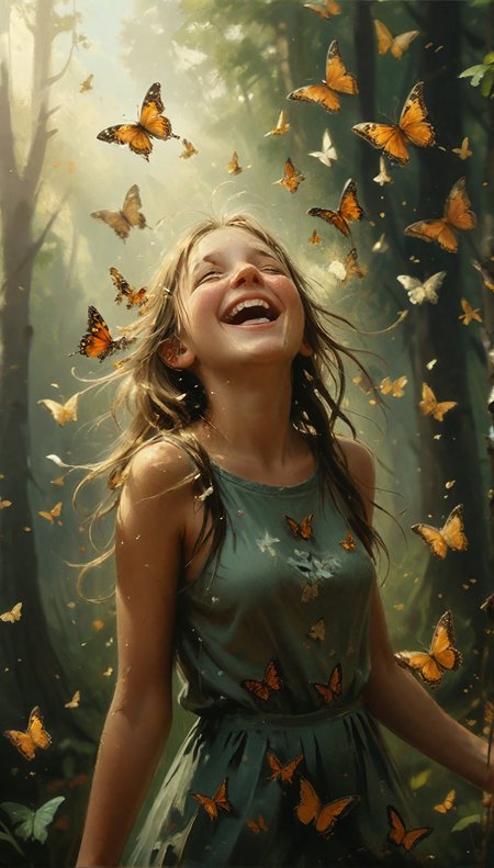 volumetric light, masterpiece, extremely detailed painting, a happy girl laughing with a group of butterflies flying around her head and her hair blowing in the wind, with a forest of butterflies in the background, Clint Cearley, magic the bring together artwork, a photorealistic painting, fantasy art
 <lora:add-detail-xl:2.6> <lora:Cute_Drawing:0.3> <lora:xl_more_art-full_v1:0.5> <lora:MJ52:0.5>