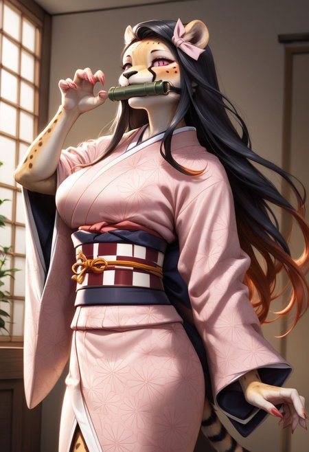 score_9, score_8_up, score_7_up, source_furry, beautiful female cheetah, furry ,1 girl(cheetah), middle breasts,detailed face,kind look, bit gag, gag, japanese clothes, long hair, kimono, pink kimono, black hair, bamboo,  claw pose, pink eyes, solo, ribbon, asa no ha (pattern), haori, red nails, hair ribbon, checkered sash, sash, obi, fingernails, gagged, sharp fingernails, mouth hold, pink nails, pink ribbon, hc, ,castle room background(night,dark),Furry antro Cheetah dressed like  Nezuko, solo