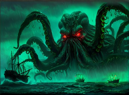 masterpiece,high resolution, <lora:Cthulhu-XL-9:0.8>,
cthulhu, watercraft, ship, tentacles, glowing, no humans, ocean, glowing eyes, rain,red theme,