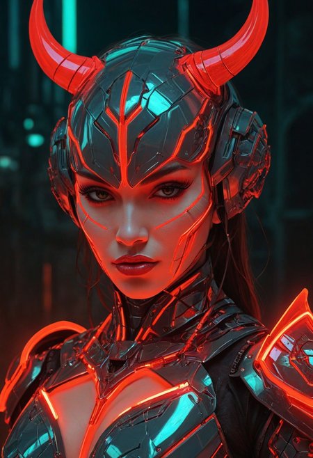 illustration, futuristic magical armored cyborg gorgeous demon girl, bold line, 2.5D, glowing neon armored, red, limited greenishgrey color, cinematic, geometrically structured lines, masterpiece, digital art, famous art, microscopically detailed, polygon fantasy style, perfect female face, maximum resolution, maximum quality, 8k, by Nicola Samori,  fantasy dungeon, soft digital painting, smooth blending, close up
