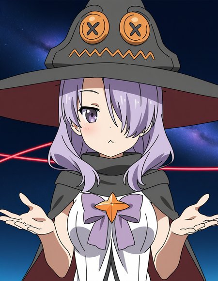 general,highres, ultra-detailed,very aesthetic,best quality ,best hands,  BREAK <lora:Nanako_Houkago_no_Pleiades_IS:1>Nanako(Pleiades), 1girl, purple hair, hair over one eye, purple eyes, long hair, breasts, anime coloring, Nanako(Pleiades), hat, witch   black hat, orange button, solo, :<, witch hat, looking at viewer, closed mouth, upper body, black cape, white dress, red line, purple ribbon,
galaxy, sky,