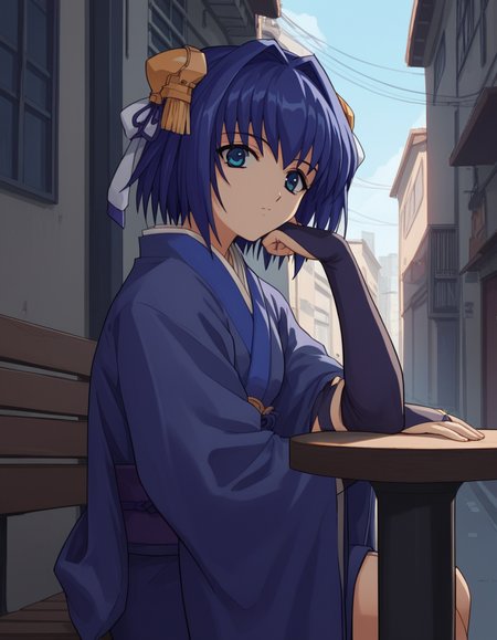 score_9, score_8_up, score_7_up, source_anime, <lora:daiakuji-yume-ova-ponyxl-lora-nochekaiser:1>, yume, short hair, blue eyes, hair ornament, blue hair, hair intakes, ribbon, hair ribbon,, long sleeves, japanese clothes, bridal gauntlets,, alley, narrow, urban, dark, buildings, , sitting, elbow rest, table,, looking at viewer, solo,, dutch angle, cowboy shot