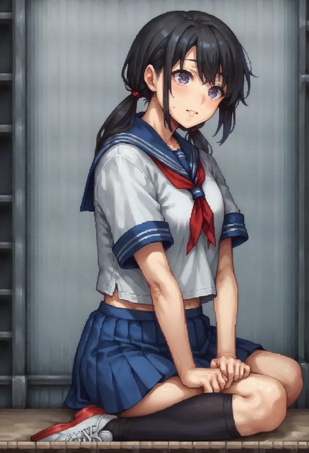 <lora:PONY-ç»-åç´ :1> ,score_9, score_8_up, score_7_up score_9,score_8_up,score_7_up,1girl, solo,  <lora:PONY-äºº-æ©å·åç»:0.6>,Hayakawa,1girl,black hair,low twintails,purple eyes,serafuku,white shirt,red_neckerchief,short_sleeves, pleated_skirt,blue skirt, black socks,, uncensored,<lora:add-detail-xl:1>,