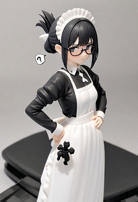 masterpiece, very aesthetic, absurdres, newest, WhiteMold, 3d printed figurine, 1girl, cowboy shot, maid, black dress, long dress, white apron, maid headdress, black hair, folded ponytail, glasses, hand on hips, confused expression, question mark, holding figurine