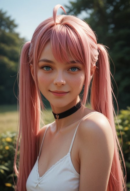 score_9_up, score_8_up, score_7_up, score_6_up, 1girl, 25 years old, perfect face, (adult), sexy, 
blue eyes, 
three quarter view, detailed face, portrait, face focus, depth of field, looking at viewer, blush, shy smile, 
blue eyes,
pink hair, twintails, very long hair, ahoge, black choker, 
white camisole, 
blue sky, outdoors, looking at viewer,