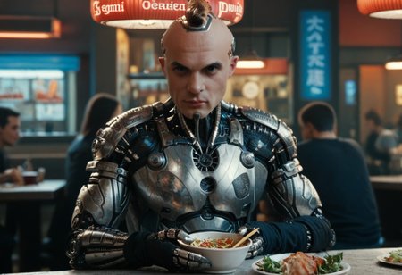 score_9, score_8_up, score_7_up, score_6_up, score_5_up, score_4_up, source_movie, android, cyborg, 1boy, zapan, eating noodles in a diner,  looking at viewer, male focus, multiple boys, solo focus, 2boys, armor, science fiction, realistic, bald, mohawk,  <lora:zapan_pxl_v3:1>