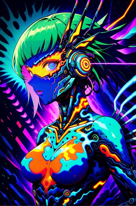 psychedelic style cybernetic robot <lora:Splash_Art_SDXL:1>, one girl, bob, big breasts, serious facial expression, upper body, neon aura, looking at the viewer, torn shades, front view <lora:art-v5:0.5> <lora:incase-ilff-v3-4:0.7> <lora:zavy-flrscnc-sdxl:0.9>   <lora:SDXLHighDetail_v5:0.5> . android, AI, machine, metal, wires, tech, futuristic, highly detailed . vibrant colors, swirling patterns, abstract forms, surreal, trippy