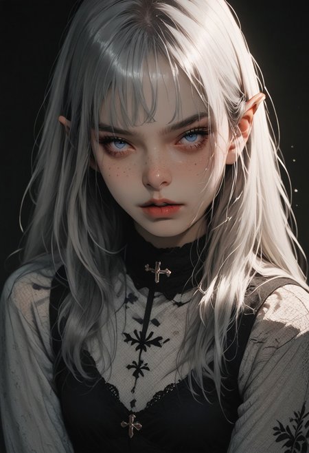 score_9, score_8_up, score_7_up, flat color, g4n1m3, comicbookpage style, high contrast, 
1girl, indoor, long hair, beautiful face, spanish, blue eyes, freckles, small breasts, braless, perfect legs, ((full body view)), elf with long ears, silver armor, behind the girl's back there is a bow and arrows