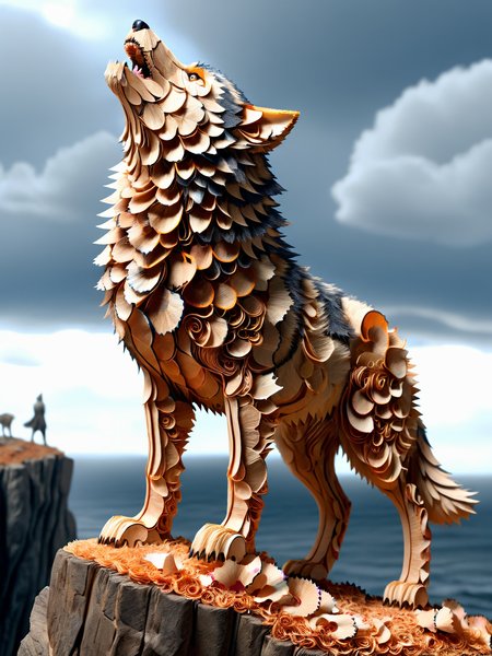 A ais-pencilshavings wolf, stood at the edge of a cliff howling, dynamic, cinematic, masterpiece, intricate, hdr.  <lora:Pencil_Shavings_Style_SDXL:1>