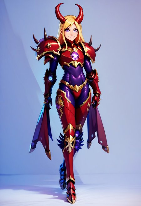score_9, score_8_up, score_8,  
Khrn, 1girl, solo, long hair, looking at viewer, smile, blonde hair, purple eyes, full body, horns, armor, cosplay, gauntlets, prosthesis, power armor,