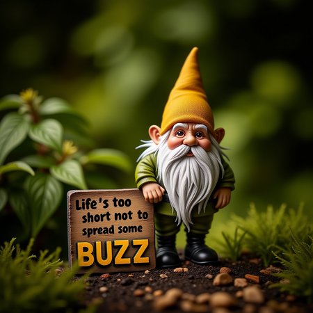 Tiny Gnome in garden leaning aginst a sign that says "Life is too short not to spread some BUZZ!" ((best quality)), ((masterpiece)), ((realistic)), (detailed), 