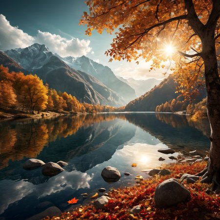 Breathtaking views, nostalgia, detailed landscape, captivating, a harmony of nostalgia and innovation, great lighting, Nature, autumn leaves, fall, forests, A vast lake surrounded by mountains, a beautiful vast lake, with an apple tree in the center of the lake, sun, sunlight, beautiful rivers, double exposure, beautiful view, mysterious glow, beautiful clouds, depth of field, masterpiece, best quality, 8k, ultra-detailed, very aesthetic, illustration, superb composition, finest details, intricate details, absurdres, high contrast, RAW, concept art,