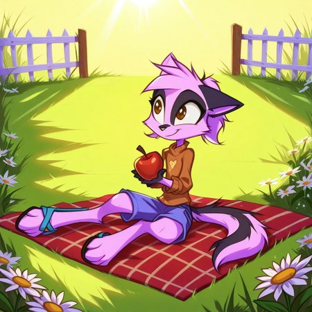 Dreamkeepers,1girl,Prelude_Vi,solo,furry,tail,source_furry,hazel eyes,
child, kid, 
Playing with a Hedgehog in a Yard, hedgehog, grass, sweater, shorts, sandals, sunlight, flowers, giggles, fence, blanket, apple, daisies  , In a sunny yard, a girl sits on a blanket, giggling as a tiny hedgehog snuffles around her outstretched hand holding an apple slice. Her sweater’s sleeves are pushed up, shorts show off scraped knees, and sandals lie tossed aside. Flowers bloom near the fence, daisies dot the grass, and the hedgehog’s little waddle makes her beam with delight