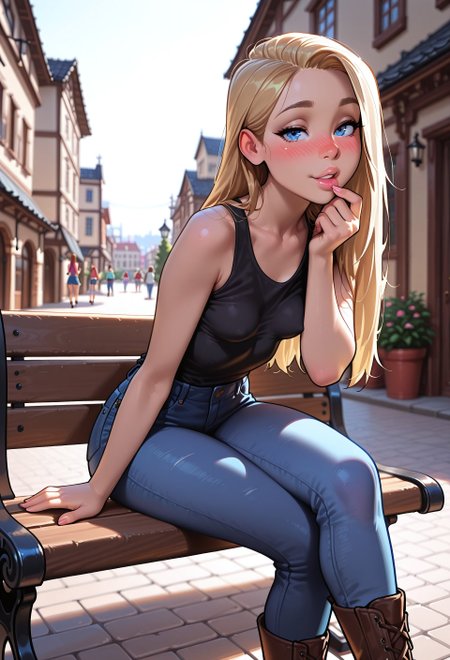 masterpiece, high_quality, highres, gradient, ultra-realistic, 32k, best quality, highly detailed, anime_source, lineless:1.2, pureerosface_v1, ng_deepnegative_v1_75t, aid291, DISNEY_ANIMATION, incoth, (incase:0.6), melkor_style, adult, colorful, 
(1girl, 19 yo, Anna_Rice, supermodel athletic body, long hair, blonde hair, perfect hairstyle, blue eyes, detailed face, medium small breasts, natural saggy breasts, beautiful slender legs), (little black tank top, denim straight pants, blue pants, brown boots), detailed clothes, dynamic pose, cinematic lighting, focus on expression, (cobble street  background, public place, detailed background, golden hour, touristic city), sunny day, kind eyes, seductive, nose blush, some hair touching lips, leaning forward, crossing legs, sitting on old bench, hand brush hair back, looking viewer
