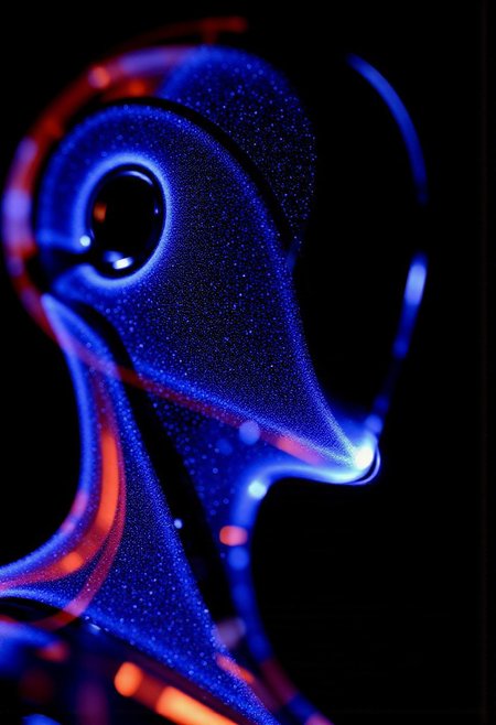 faceless android in the style of ckfa. Modular humanoid design. Future AI robot. 
Fractals and bokeh swirl in brilliant shades of blue, purple and red. burned colors glowing with orange heat. Bands of white light dash across the canvas. High saturation and contrast. sharp lines come into focus.
high-contrast palette, highly detailed, cinematic quality, modern art, timeless feeling || DarkAtmosCE style, vantablack, Rembrandt Lighting style, partially covered in shadows, Chiaroscuro Lighting Style, Covered in shadows