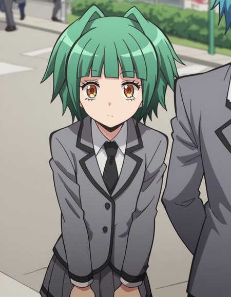 score_9, score_8_up, score_7_up, source_anime, <lora:kaede-kayano-s1s2-ponyxl-lora-nochekaiser:1>, kaede kayano, short hair, bangs, brown eyes, yellow eyes, green hair, hair intakes, anime screencap,, blazer, grey blazer, school uniform, pleated skirt, necktie, grey skirt, black necktie, white shirt, collared shirt, long sleeves,, crosswalk, people, street, white lines, traffic, , hands on own knees, looking at viewer, solo,, dutch angle, cowboy shot