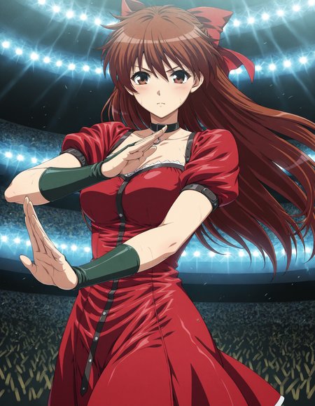 masterpiece, best quality, anime coloring, on ring, audience
1girl,solo, fighting stance, 
<lora:Megumi-Mutoh_lL_v01:1> megumi-mutoh, red costume