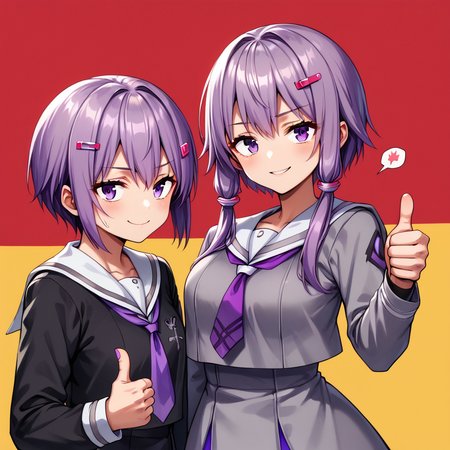 score_9, score_8_up, score_7_up, best quality, masterpiece, 4k, uncensored, prefect lighting, rating_explicit, very aesthetic, source_anime, BREAK,
BREAK
(Balance)(Symmetry)from front,
 yuzuki yukari, short hair with long locks, purple hair, hair ornament, black criss-cross halter, purple dress, black jacket, hooded jacket, long sleeves, 
<lora:YuzukiYukari_Shizuku_Pony_V1:0.9>yuzukiyukara_shizuku, purple hair, bangs, short hair, hairclip, purple nails,  hooded cardigan, open cardigan, hoods down, rabit print, school uniform, purple necktie, serafuku, long sleeves,
(2girls),2 girls side by side,(dual persona:1.3), upper body,
red background, simple bacground,,yellow background, smile, looking at viewer, ((Thumbs up:1.5)),upper body,Heart speech bubble