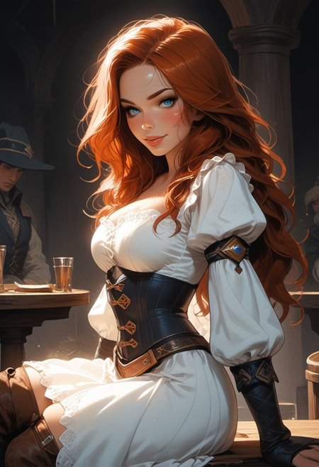 Safe_pos, (score_9, score_8_up, score_8), ultra detailed, high resolution, high quality, masterpiece, intricate details, intricate body, intricate landscape, knva, Expressiveh, hkmagic, missfortune, European Instagram Model, Sorceress, Wizard, Casting Thunder Magic Spells, Magic Circle, Thigh Strap, Tavern, midnight, 1girl, source_cartoon, Petite, ((Dark-Auburn Hair, Blue Eyes, Full Lips, Delicate and Smooth Skin, Blush Perfect Body, Highly Detailed, Glossy Lips)), ((soft thighs)), Beautiful, Attractive, (Long Hair, Shiny Hair), (perfect round breasts, large breasts), (Wizard), ((Femme Fatale)), Tight-Fitting Blue-and-White Dress, Corset, Sexy, Belt, Brown Thigh-High Boots, Fantasy, Medieval, ((Extremely Detailed Face and Eyes)), Looking at Viewer, (Flirty Smile), Soft Lighting, Warm Lighting, Unique Angle, Unique Perspective, Dramatic Angle, ((Full Body)), From Above, Side Shot, ((Sitting on Tabletop, Arched Back, Leaning Back)), Tomes in Background, Magic Book, Ritual
<lora:add-detail-xl:1.5>,
<lora:Expressive_H:0.7>,
<lora:Kenva:1>,
<lora:incase_2024_new_style_upscaled_with_big_images:0.8>,
<lora:missfortune:0.65>,
<lora:Fantasy_Wizard__Witches_Pony:0.4>,