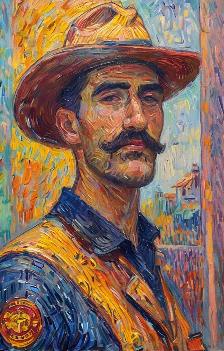masterpiece,best quality,<lora:tbh130-sdxl:1>,portrait of firefighter,illustration,oil painting,style of Paul Signac,
