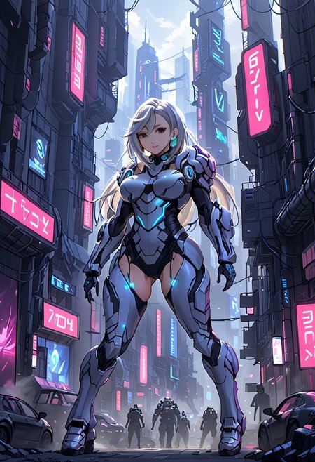 score_9, score_8_up, score_8_up, 1girl, momo ayase (dandadan), Ayase_Momo, soft breast, slender body, ultra detailed, alluring curves, tasteful sensuality, softcore, with futuristic armor, walking in a city, doing V with fingers, V for Victory, SilverPulse, CyberCity