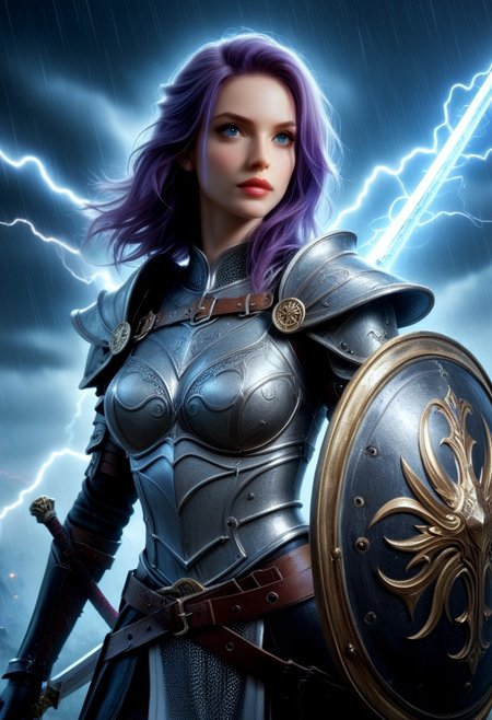 masterpiece, best quality, highres, realistic, best quality,
score_9, score_8_up, score_7_up, 
Frank Frazetta, dark fantasy oil painting (extreme close-up of face and torso) of a woman with pale skin and bright purple hair wearing chain mail.  She holds a sword in front of her that divides her portrait into two sides, the reflection of the sword shows an angelic face, lightning sword, sword in hands, golden chain mail.
BREAK,
dark lights, Dark Fantasy page, Sword and shield